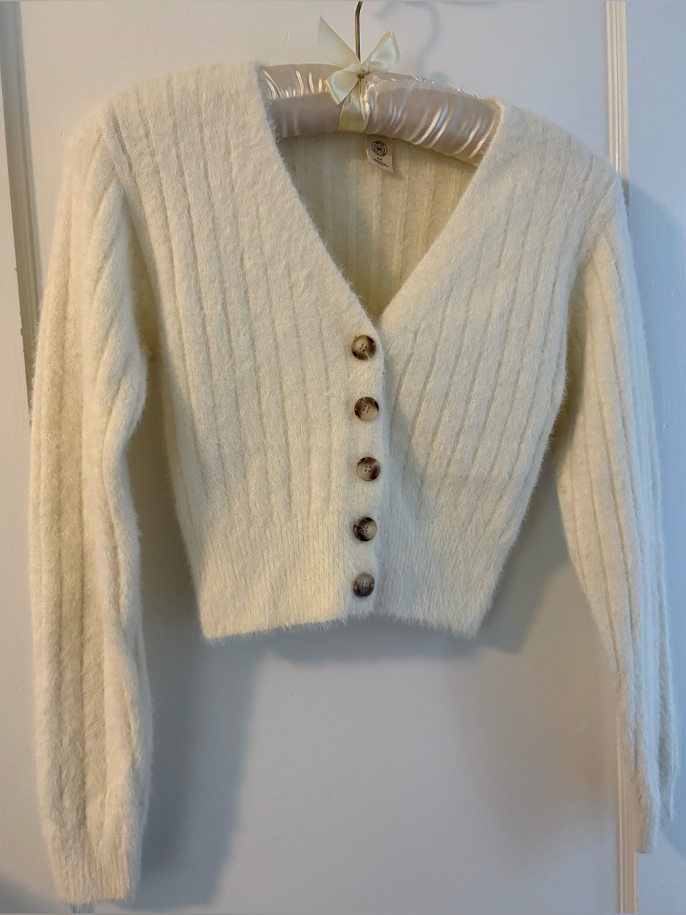 Urban Outfitters Cream Fuzzy V-Neck Button Cardigan